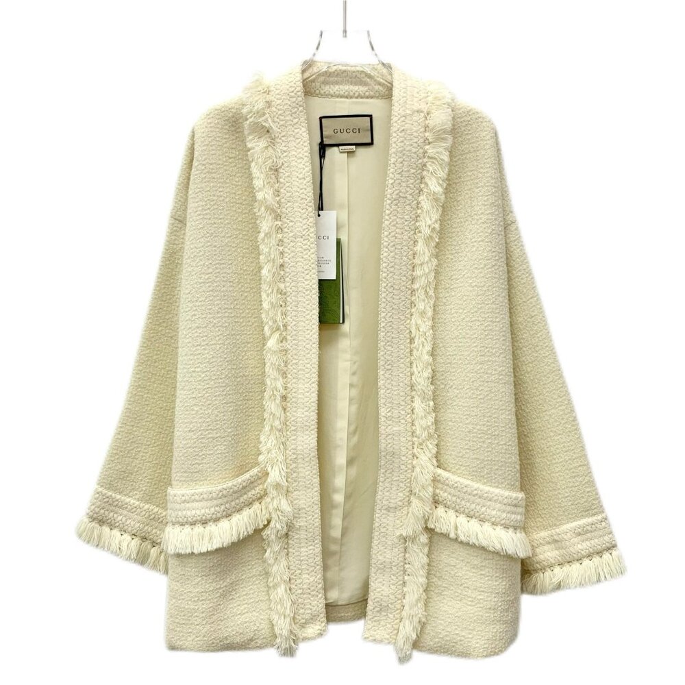 Gucci Womens Ivory Fringe Trim Open Front Wool Jacket